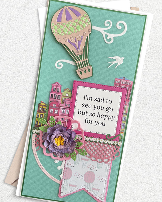 Detail shot of handmade farewell card by Del Cards NZ, premium layered papers and fine embellishments