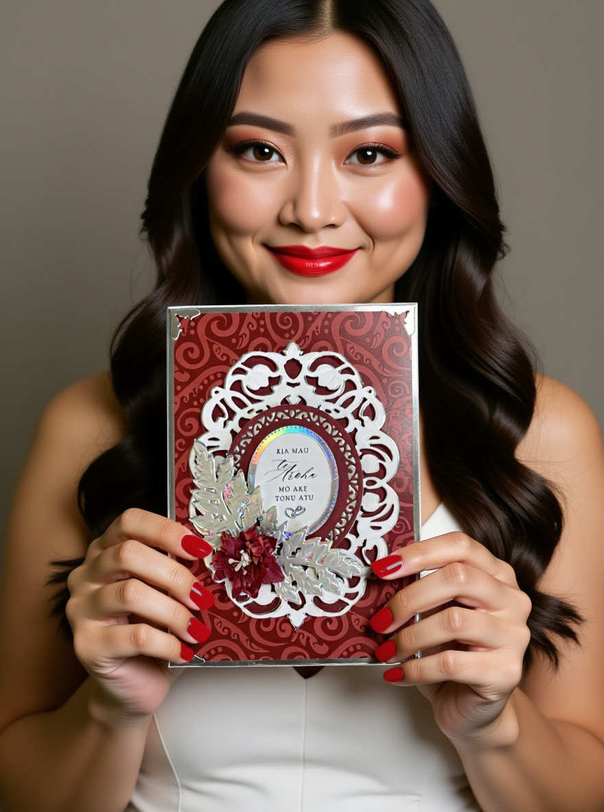 Luxury Handmade Māori Wedding Card – Silver Embossed with Handmade Paper Flowers