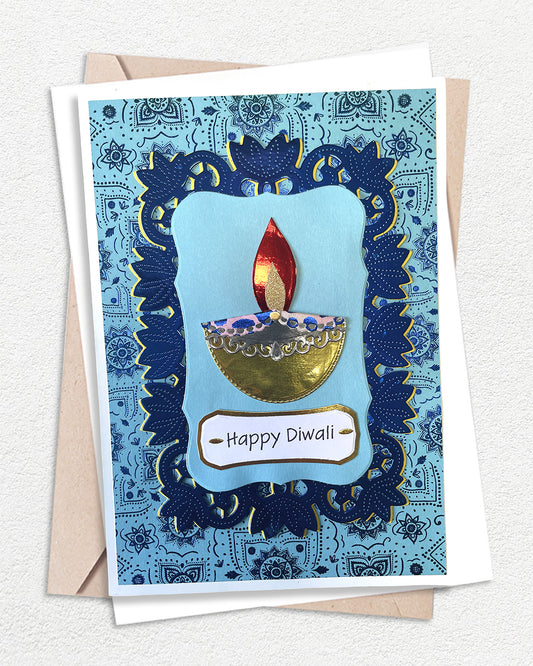 Handmade Diwali greeting card with blue foil Festival of Lights design, made in Auckland New Zealand