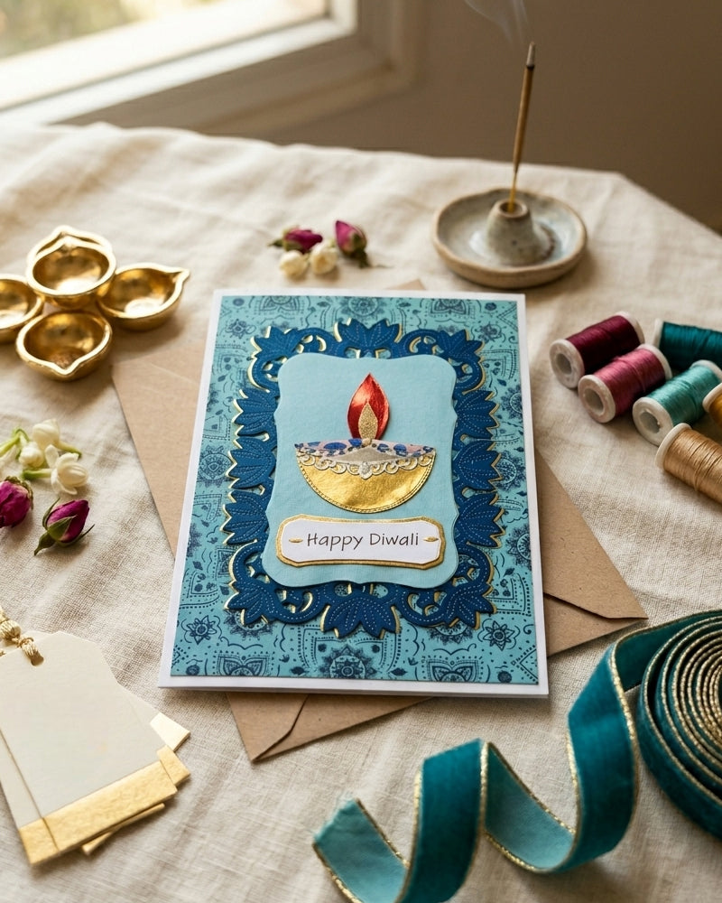 Greeting card with 'Happy Diwali' on a table with decorative items. Diwali Greeting card for sale made by Del Cards NZ
