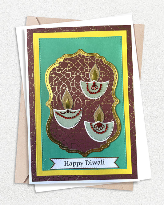 Handmade Diwali greeting card with green foil Festival of Lights design, made in Auckland New Zealand