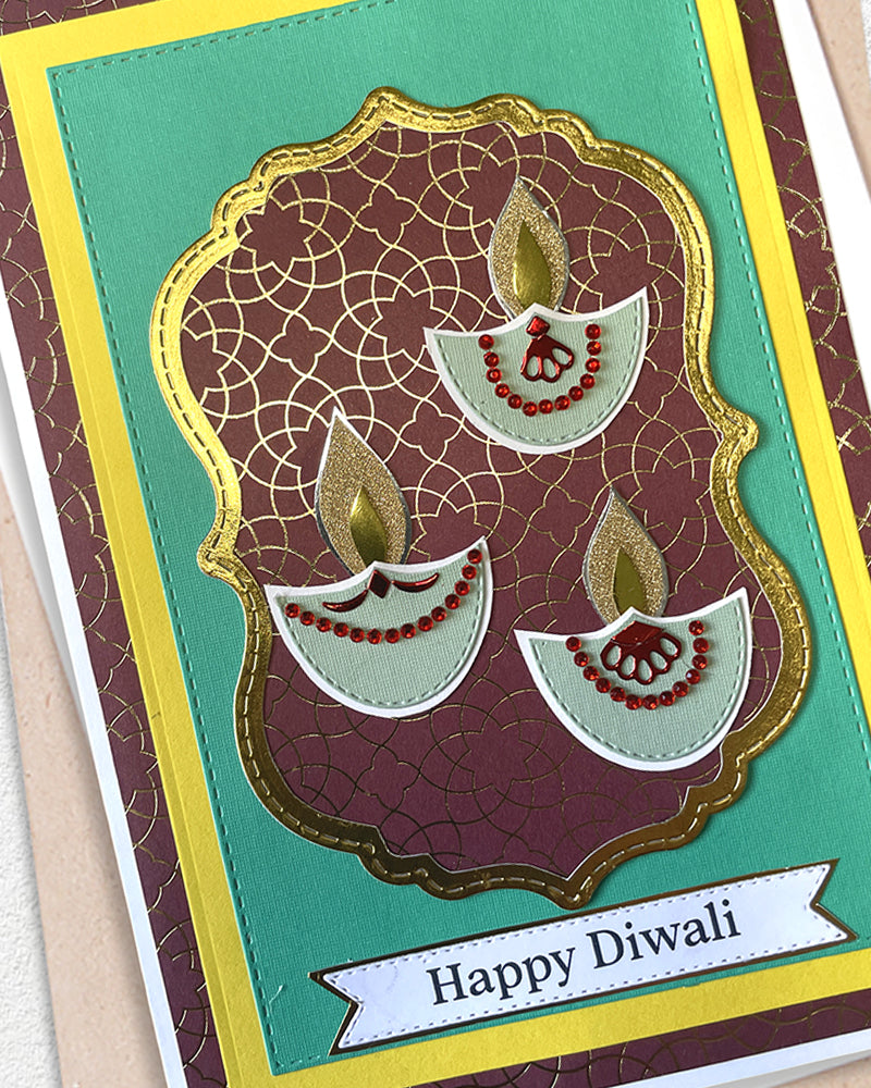 Diwali greeting card with green foil Festival of Lights design, made in New Zealand by Del Cards NZ