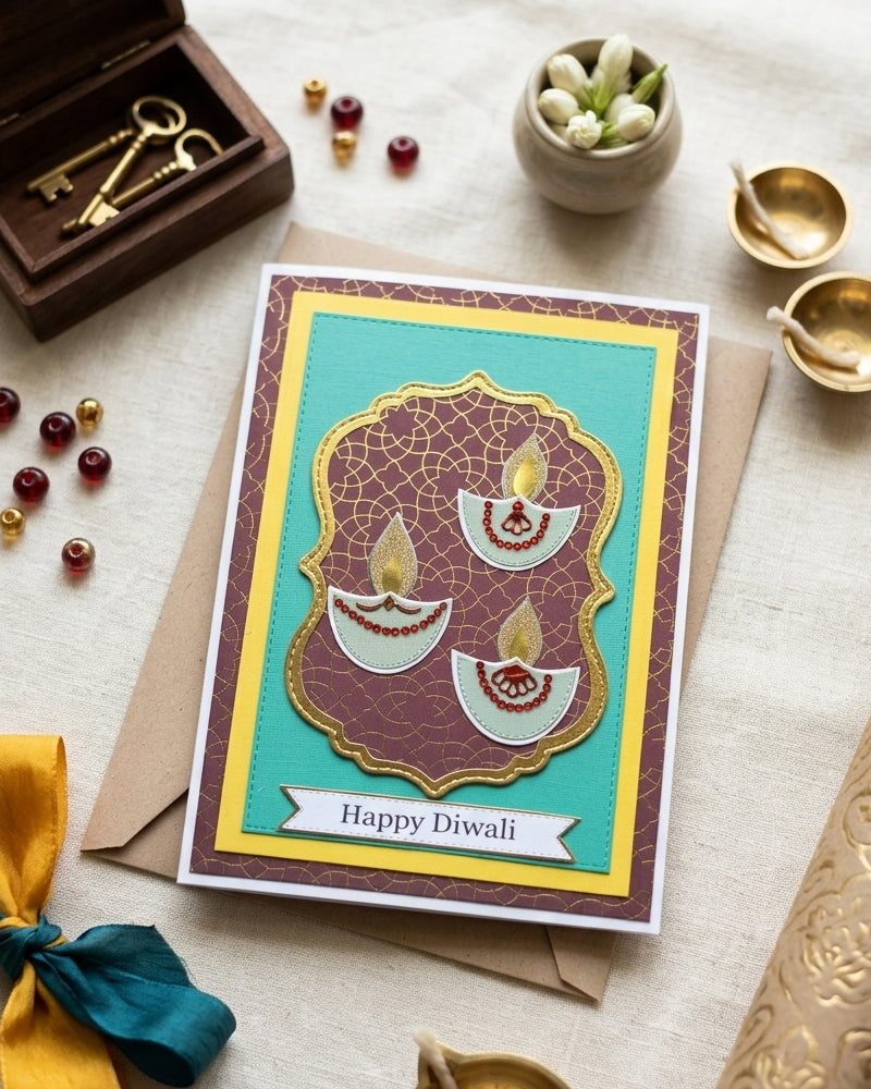 Greeting card with Diwali design on a table with decorative items, made in NZ