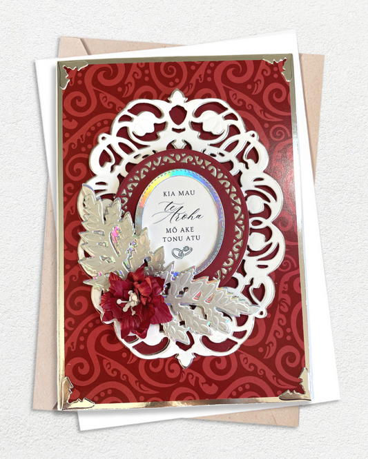 Luxury Handmade Māori Wedding Card – Silver Embossed with Handmade Paper Flowers