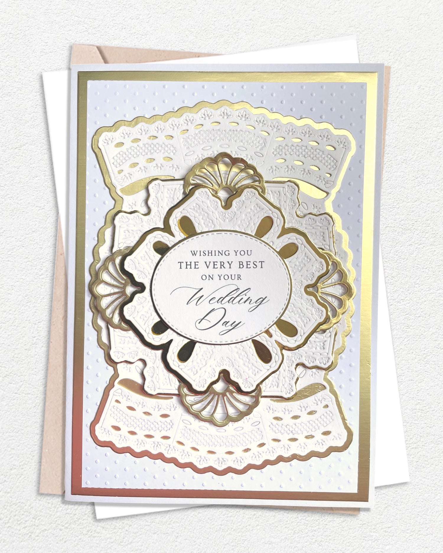 Luxury handmade wedding card with premium layered embellishments, made in Auckland New Zealand — Wishing you the Very Best on your Wedding Day