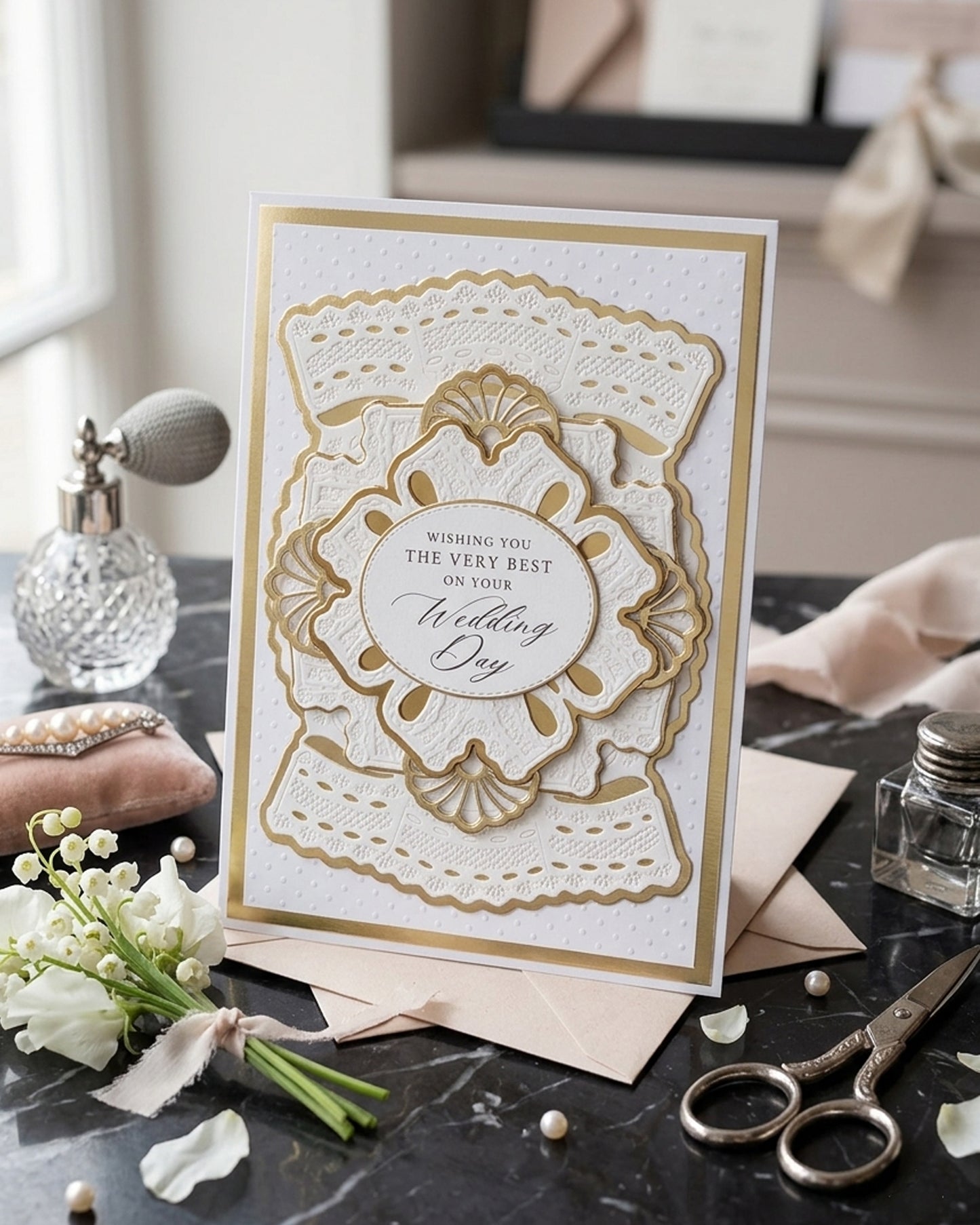 Amazing wedding card for sale made by Del Cards NZ, fine gems and elegant layered papers