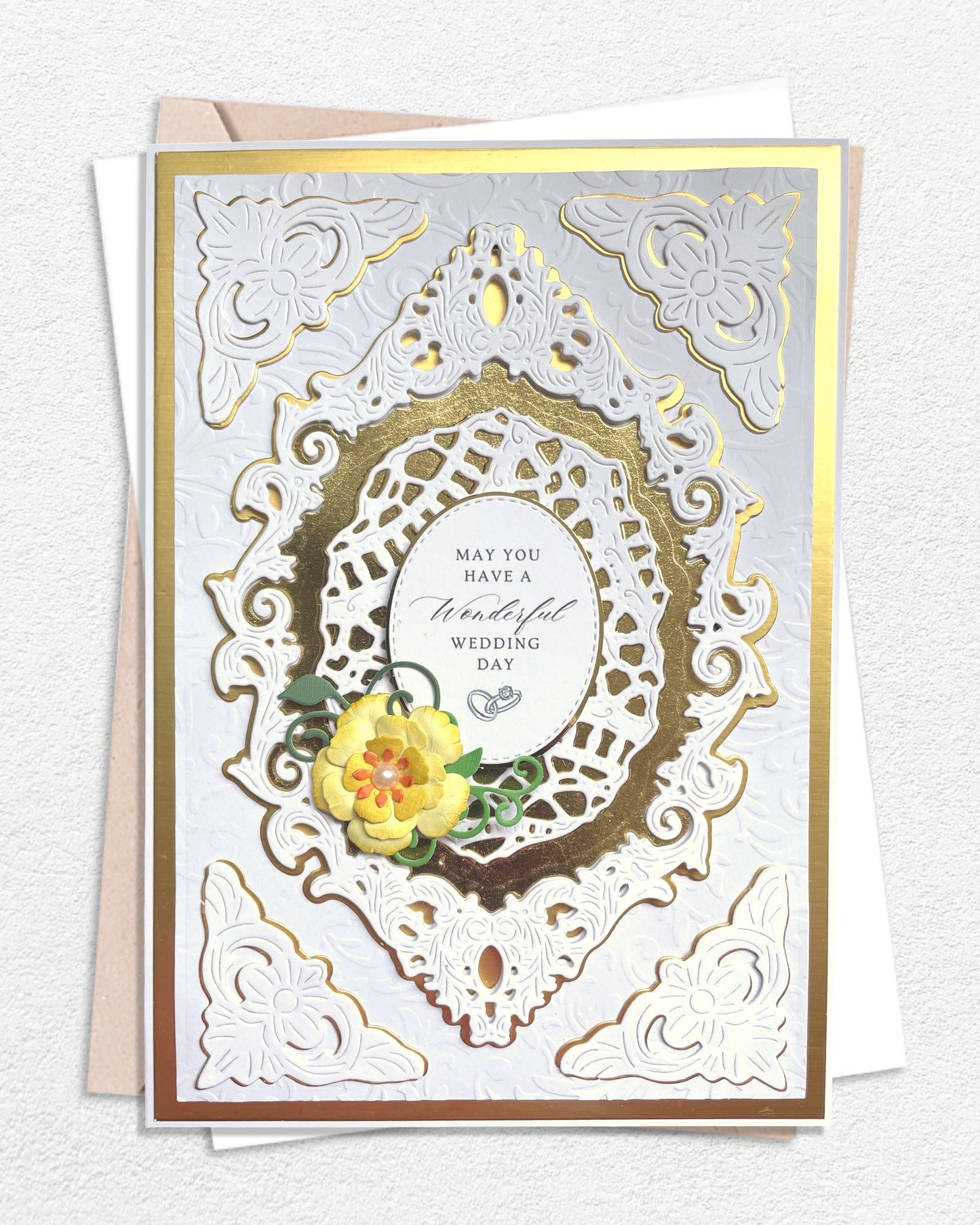 Luxury handmade wedding card with intricate details, made in Auckland New Zealand — May you have a wonderful Wedding Day
