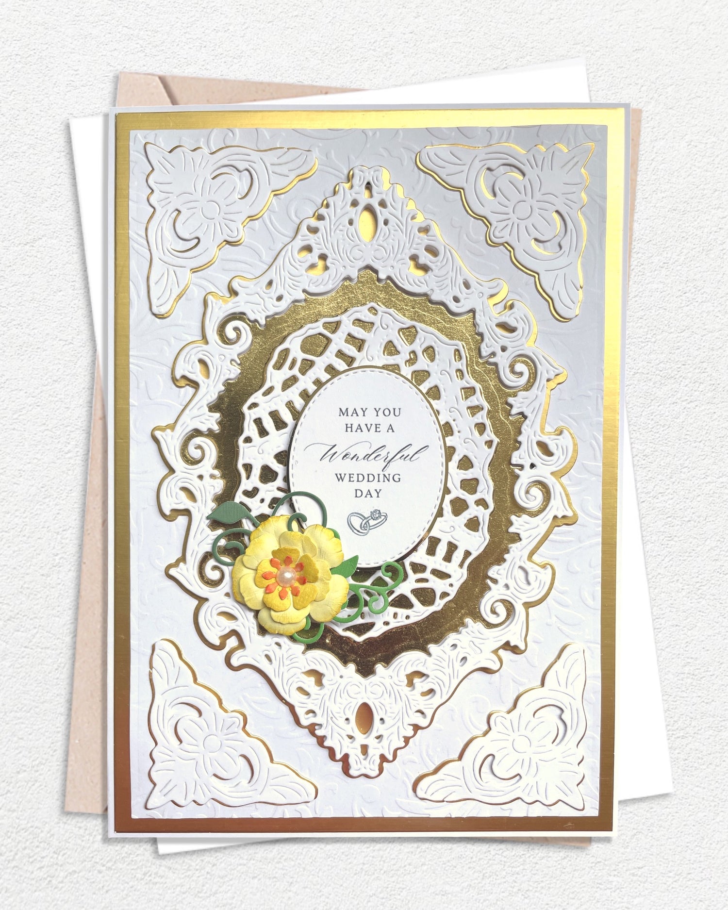 Luxury handmade wedding card with intricate details, made in Auckland New Zealand — May you have a wonderful Wedding Day
