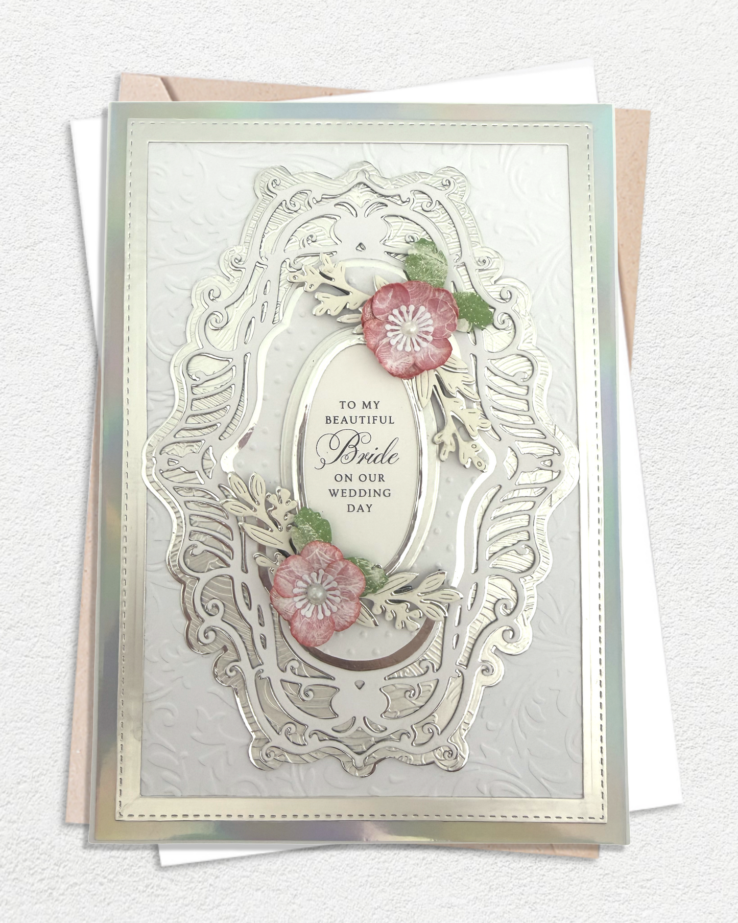 Luxury handmade wedding card with embellishments, made in Auckland New Zealand — To my Beautiful Bride on our Wedding Day