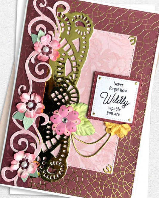 Detail shot of handmade empowerment card by Del Cards NZ, premium materials and beautiful embellishments
