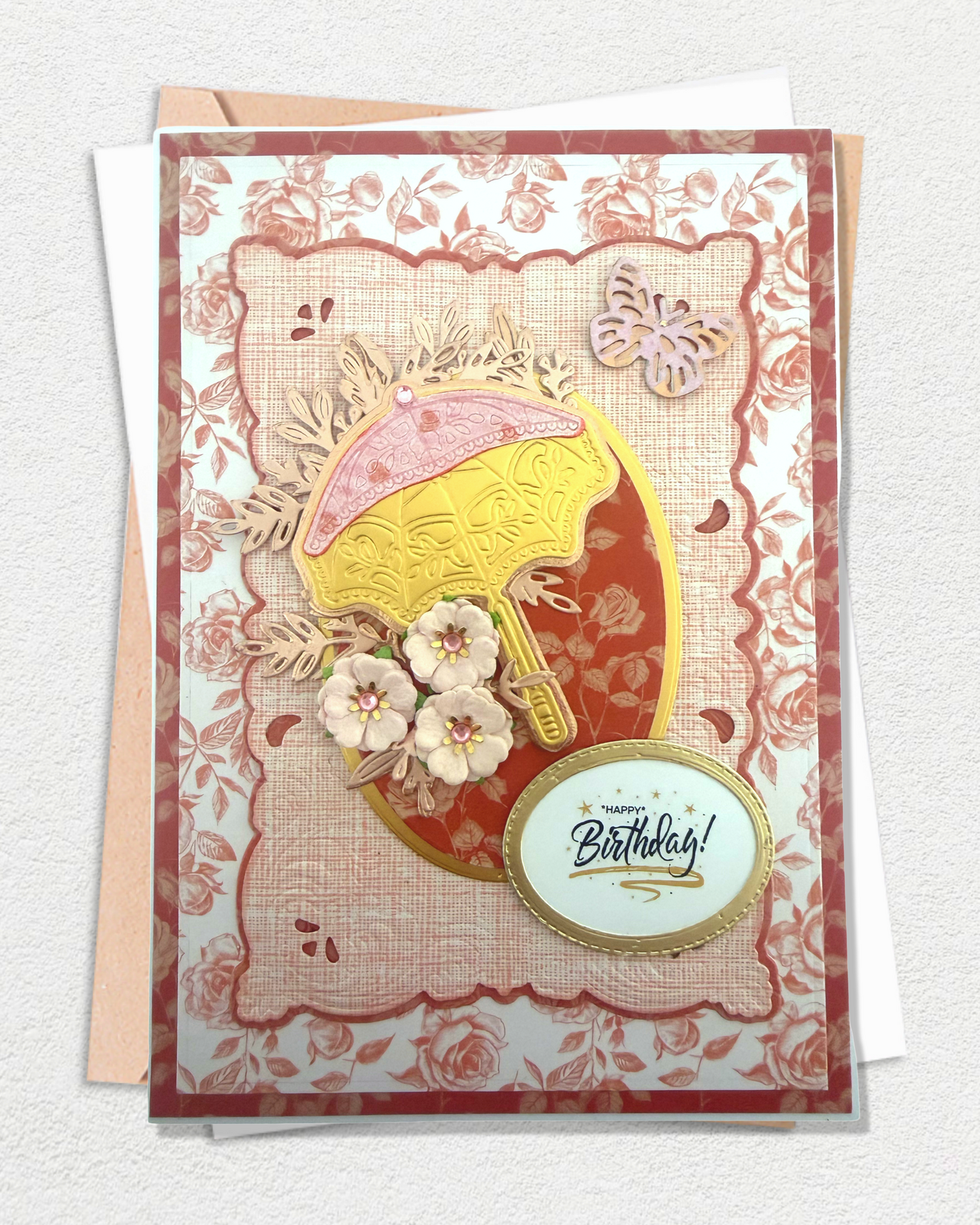 Luxury handmade birthday card with elegant floral embellishments, made in Auckland New Zealand — Happy Birthday