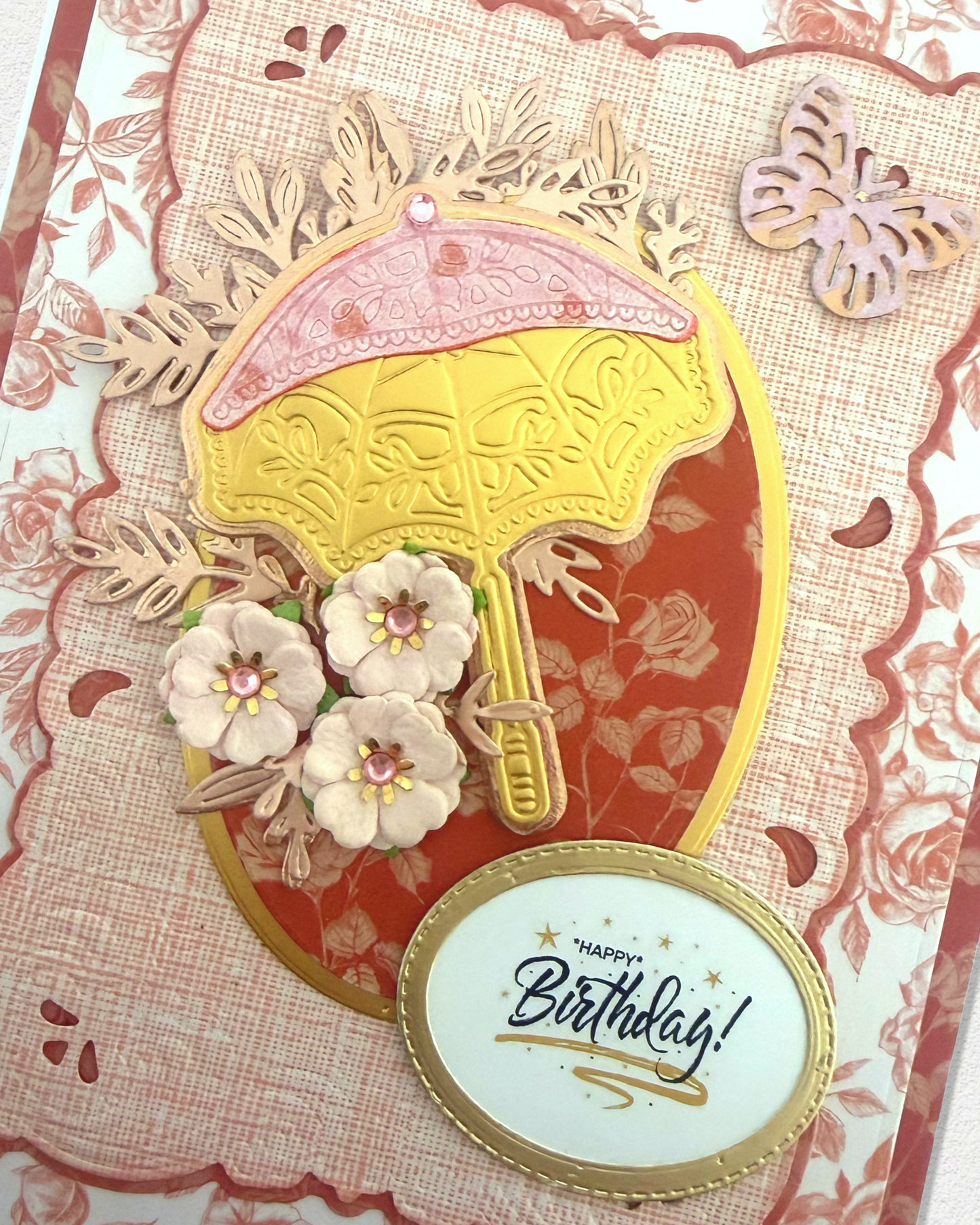 Detail shot of luxury handmade birthday card by Del Cards NZ, premium layered papers and fine gems