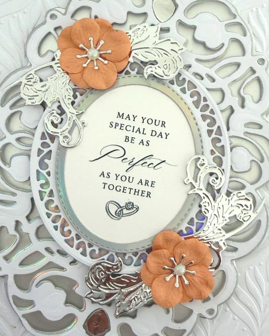 Close up detail of luxury handmade wedding card by Del Cards NZ, layered embellishments and premium materials