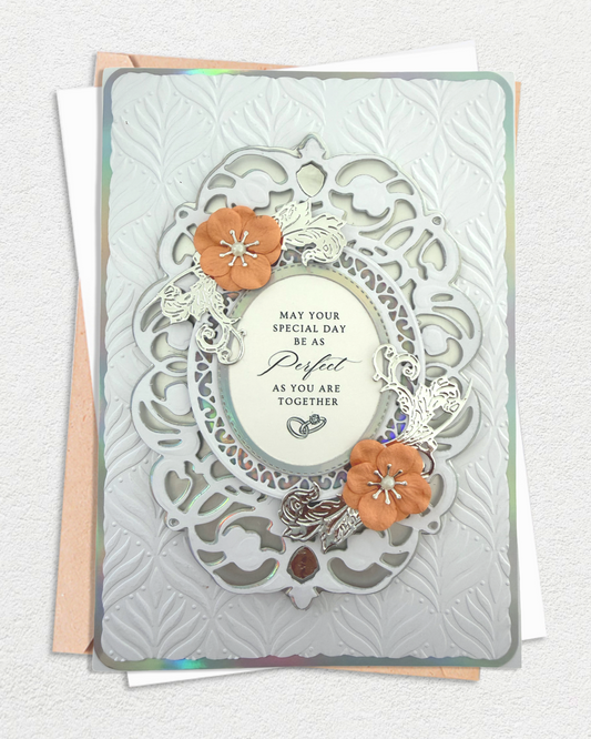Luxury handmade wedding card with mirror papers and fine gems, made in Auckland New Zealand — May your Day be as Perfect as You are Together