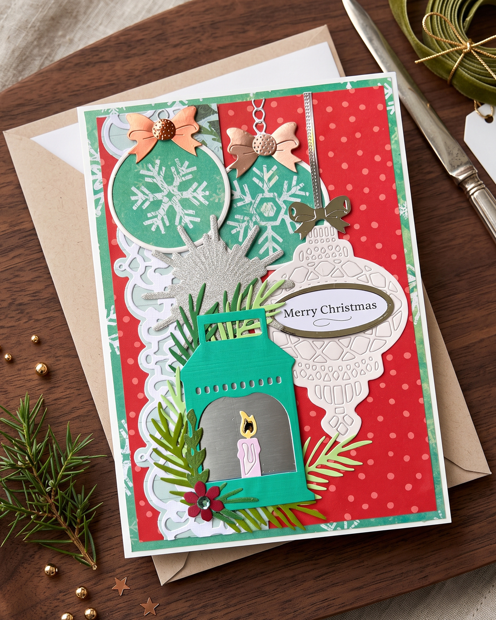 Close up of handmade christmas card for sale by Del Cards NZ