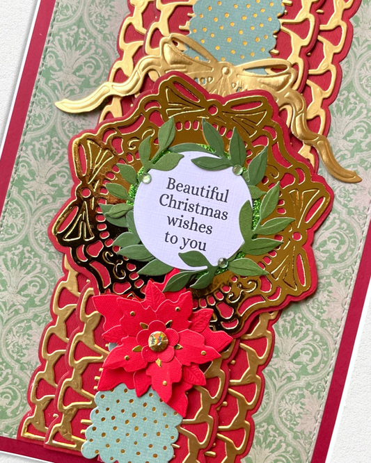 Golden Elegance Christmas Card with Poinsettia and Garland