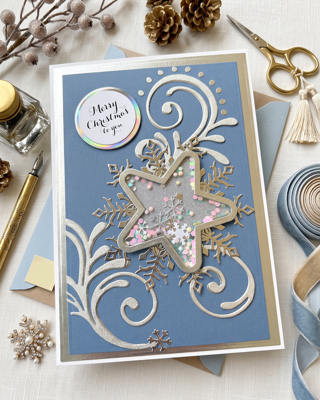 A handmade Christmas greeting card with a blue background, silver and gold foil scrollwork, a glittery star cutout, and a round holographic 'Merry Christmas to you' sticker. The card is styled in a flat-lay with crafting tools, scissors, ribbon, and pinecones on a white fabric surface.