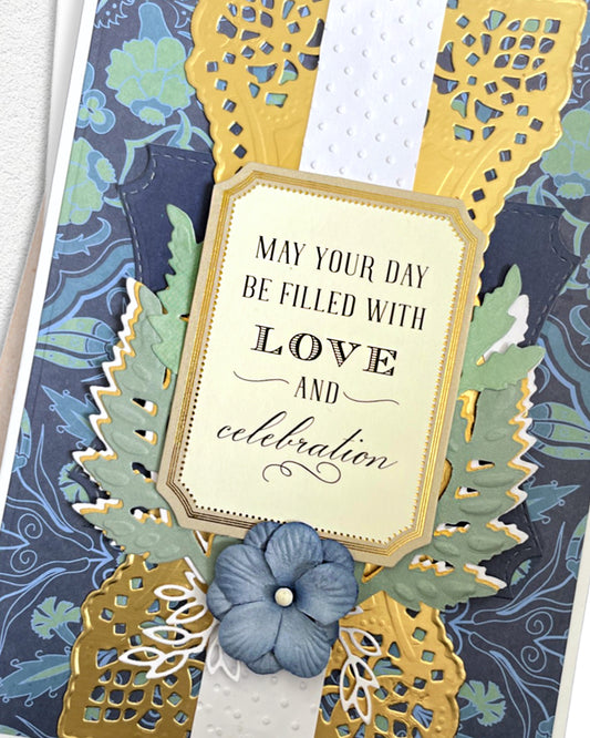 Detail shot of handmade celebration card by Del Cards NZ, premium materials and beautiful embellishments