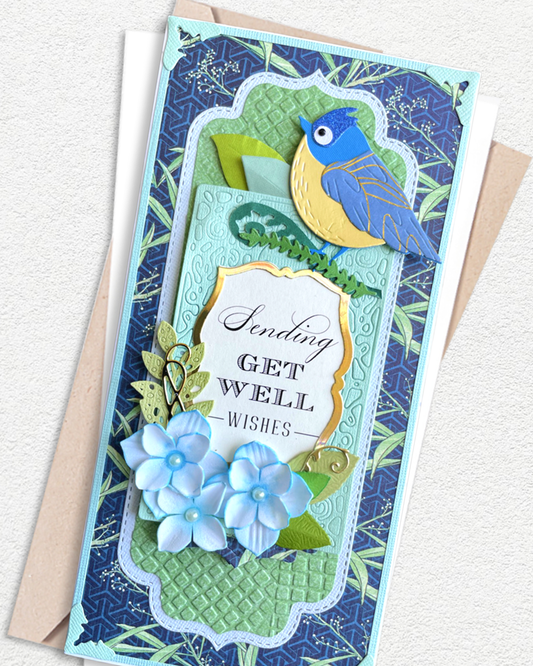 Detail shot of handmade get well wishes card by Del Cards NZ, premium layered papers and fine embellishments