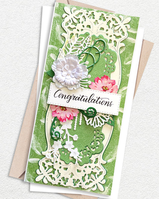 Detail shot of handmade congratulations card by Del Cards NZ, premium layered papers and fine embellishments