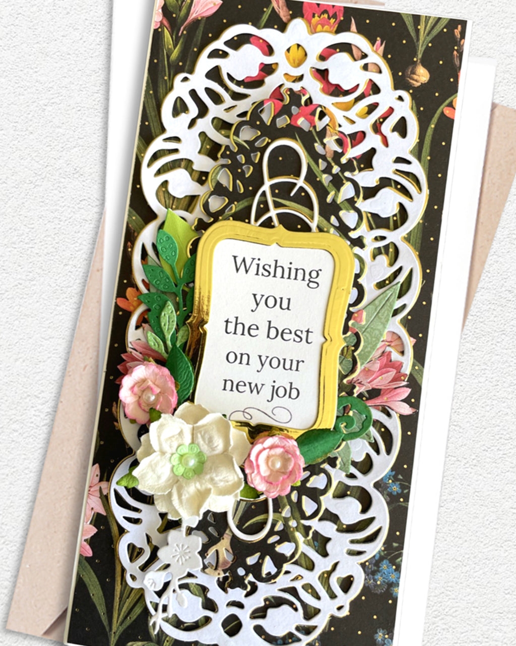 Detail shot of handmade new job card by Del Cards NZ, premium layered papers and beautiful embellishments