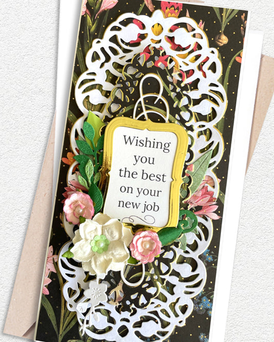 Detail shot of handmade new job card by Del Cards NZ, premium layered papers and beautiful embellishments