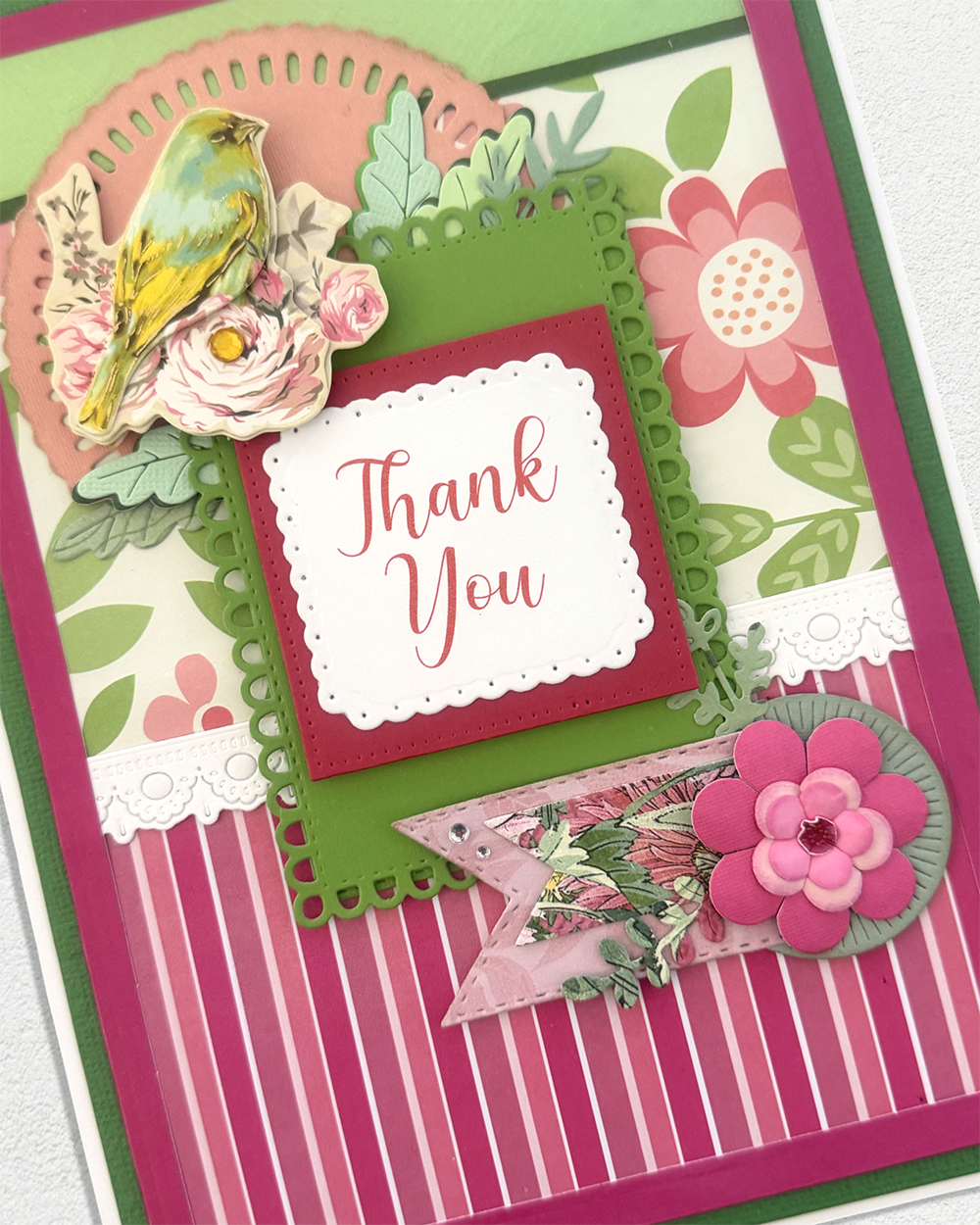 Thank You Card | Luxury Handmade Floral Card with Songbird Detail