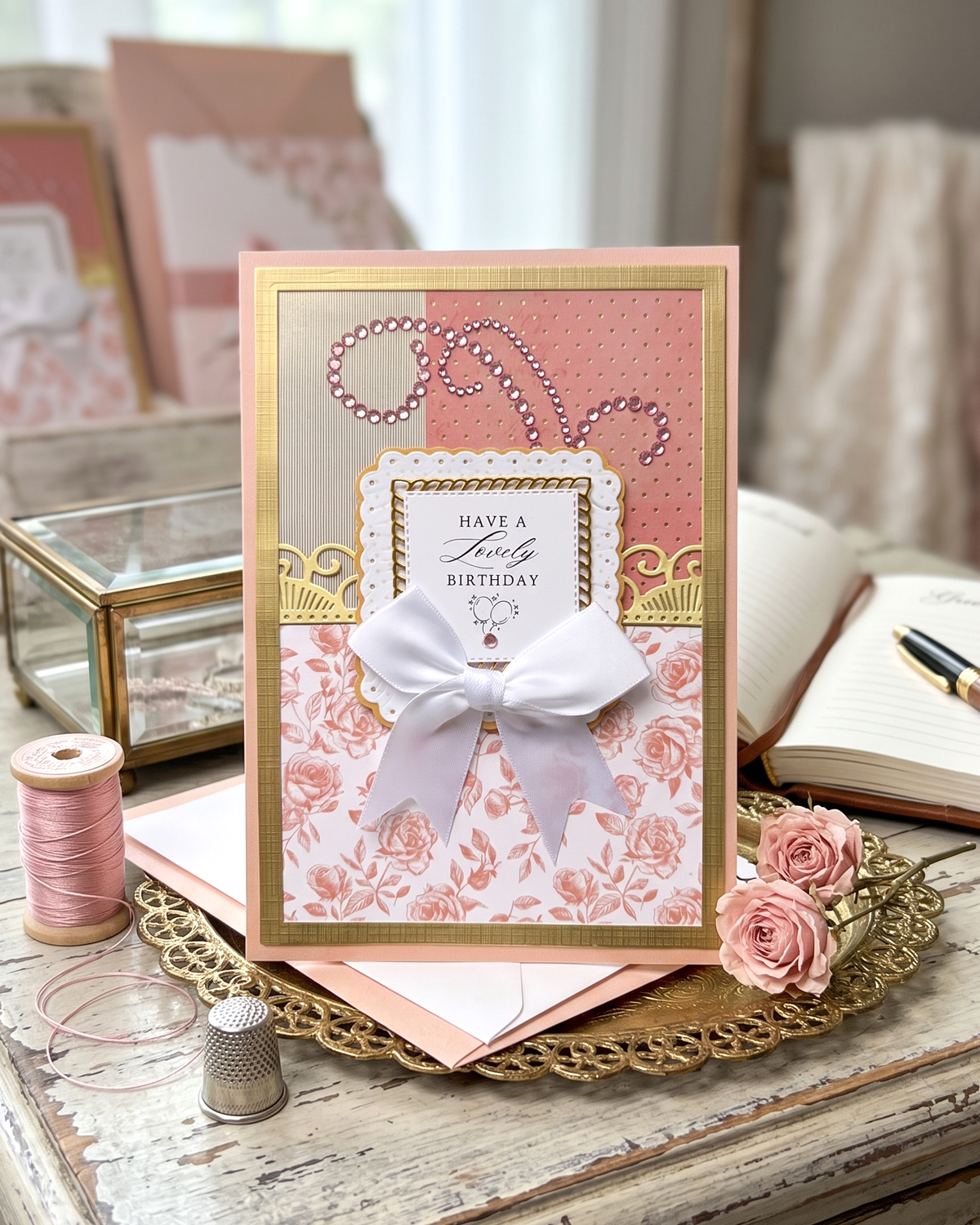 A handmade layered birthday card with pink floral and polka dot patterns, a white ribbon bow, and gold foil accents, made in NZ by Del Cards NZ.
