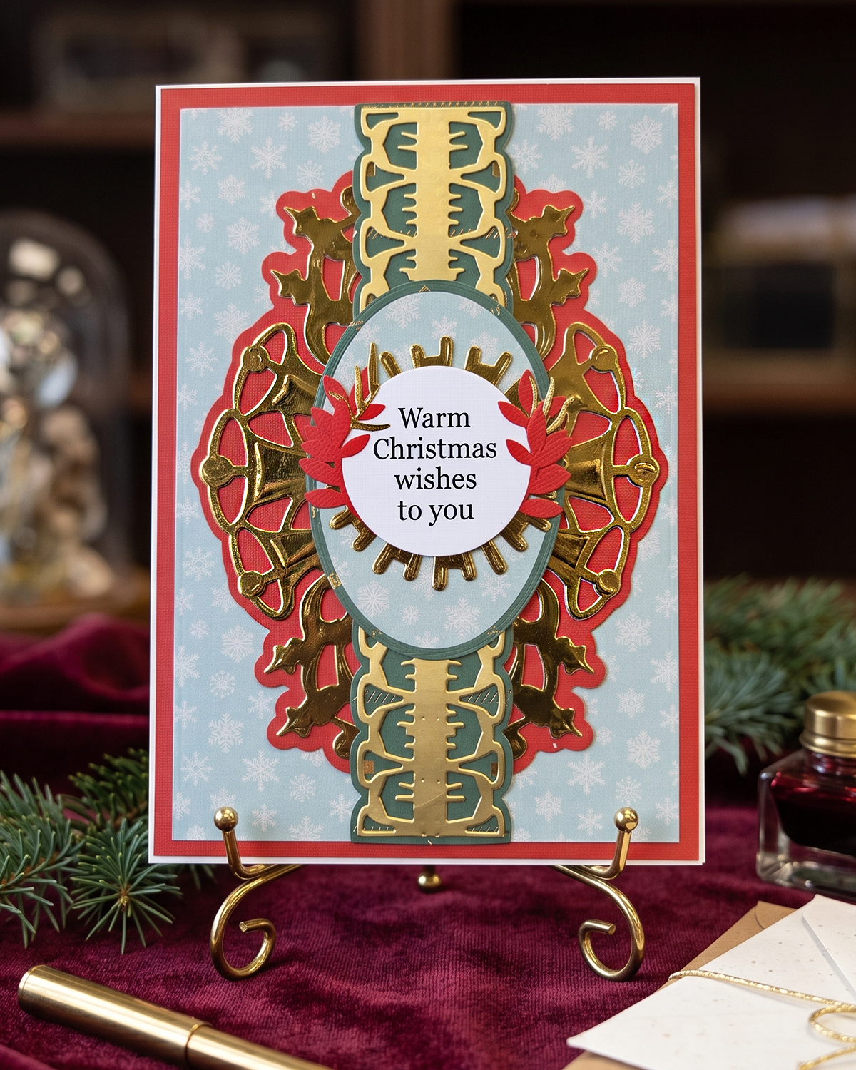 A handmade Christmas greeting card displayed on a small gold stand. The card features a light blue background with white snowflakes, layered red and gold ornate holly and bell designs, and a central white oval with the text 'Warm Christmas wishes to you'. Made by Del Cards NZ.