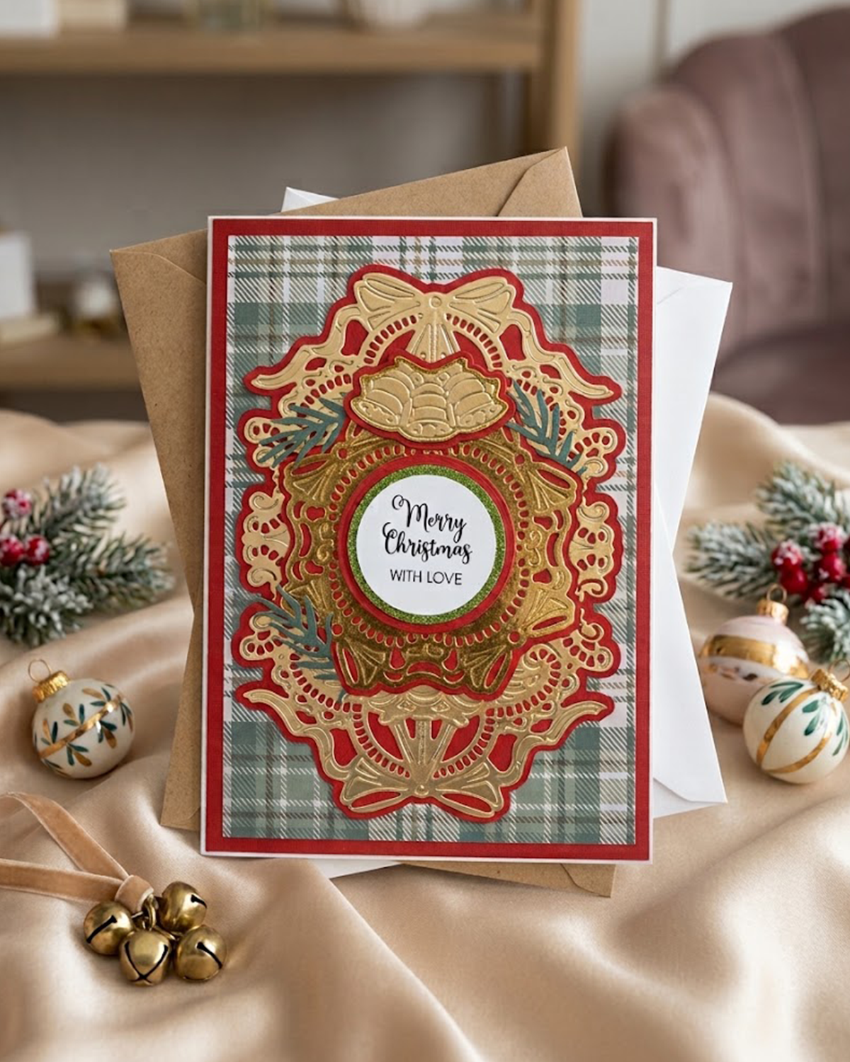 A festive Christmas greeting card with an ornate red and gold filigree design over a green plaid background, displayed with a kraft envelope and white cardstock on draped satin fabric with holiday ornaments.