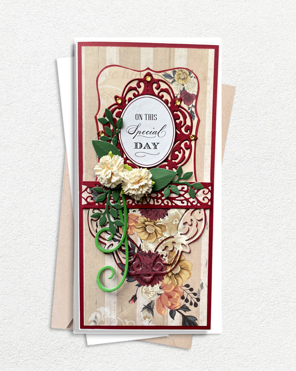 Decorative greeting card with floral design and 'On this special day' text on a white background made by Del in NZ