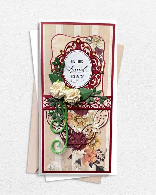 Decorative greeting card with floral design and 'On this special day' text on a white background made by Del in NZ