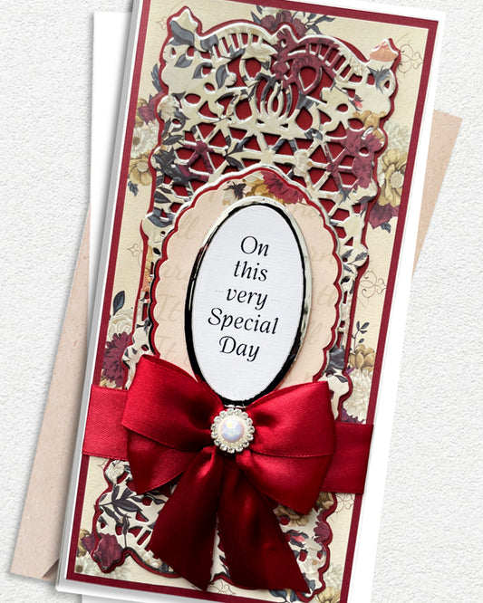 Detail shot of handmade special occasion card by Del Cards NZ, premium layered papers and fine embellishments