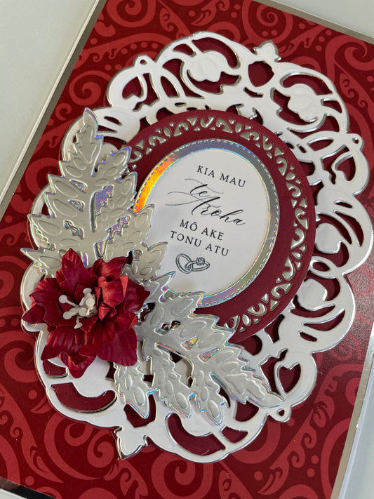 Luxury Handmade Māori Wedding Card – Silver Embossed with Handmade Paper Flowers