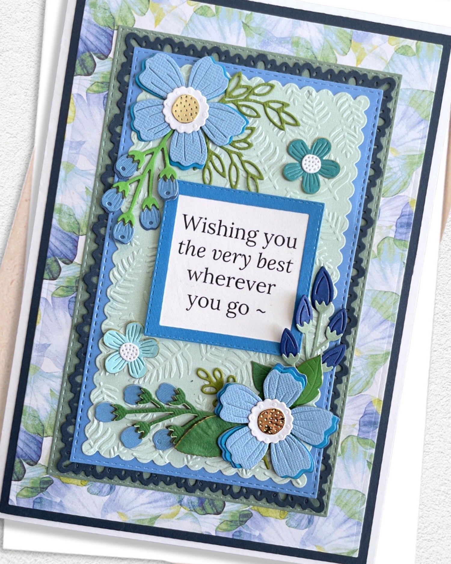 Detail shot of handmade farewell card by Del Cards NZ, elegant layered papers and fine gems