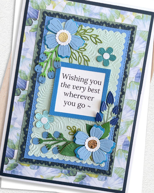Detail shot of handmade farewell card by Del Cards NZ, elegant layered papers and fine gems