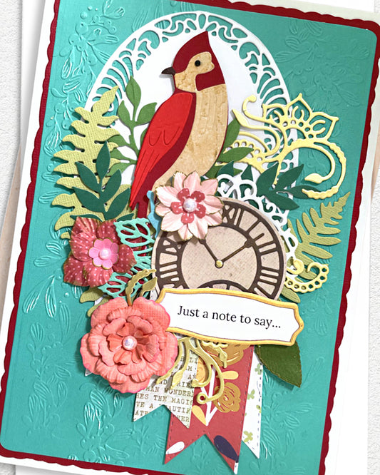 Detail shot of handmade friendship card by Del Cards NZ, premium layered papers and elegant embellishments