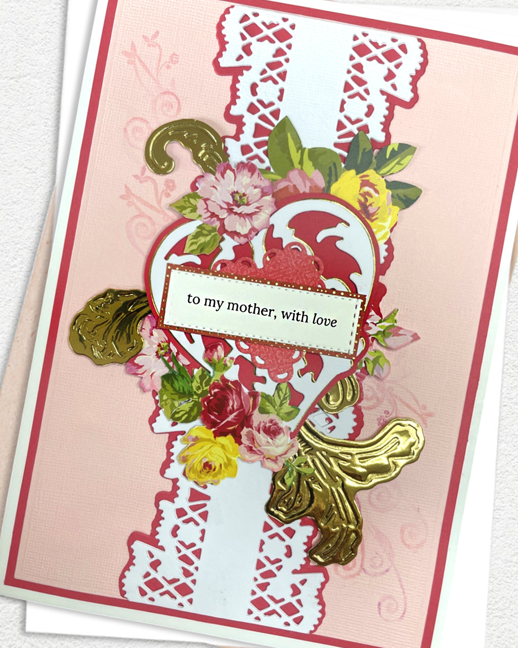 Greeting card with floral design and text 'to my mother, with love' on a pink background