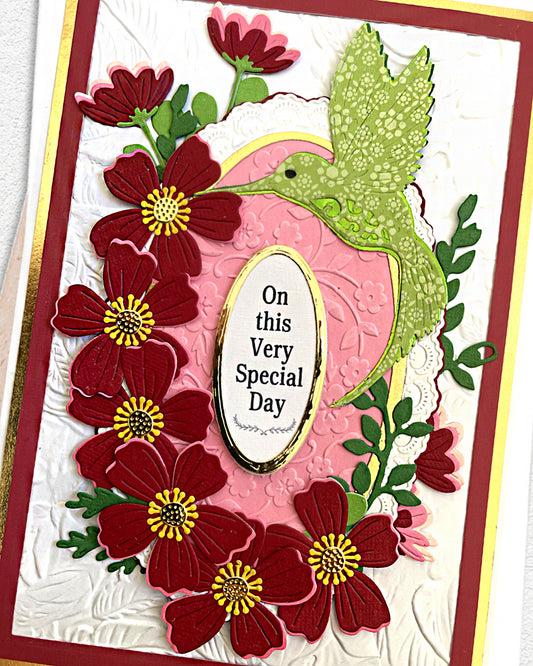 Detail shot of luxury handmade special occasion card by Del Cards NZ, premium embellishments and layered papers