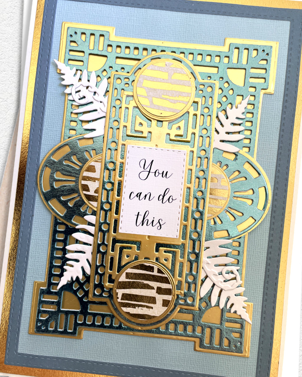 Detail shot of handmade encouragement card by Del Cards NZ, premium layered papers and fine embellishments