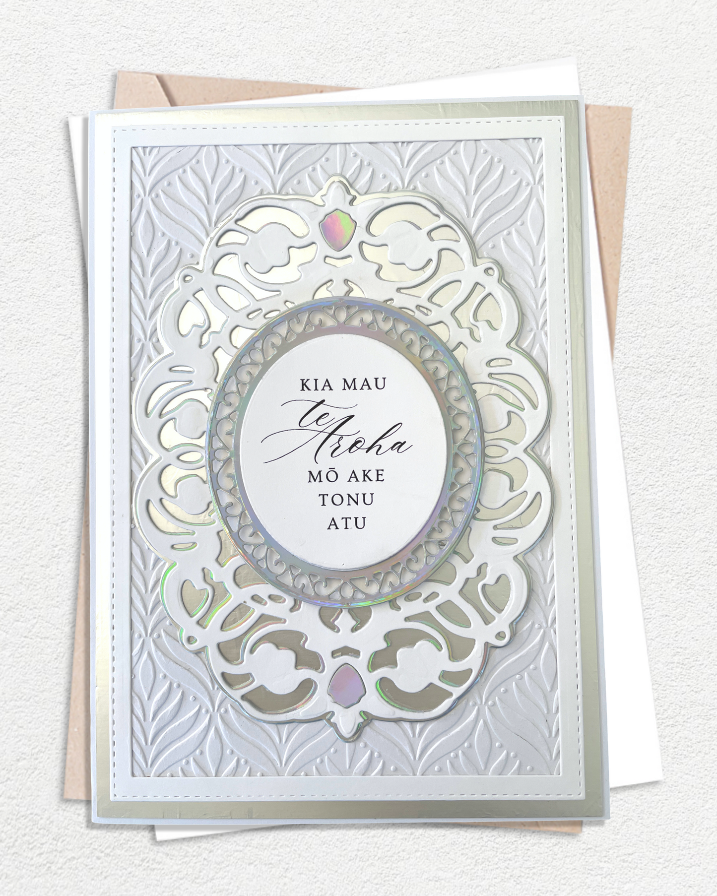 Luxury handmade Te Reo Māori wedding card with traditional design, made in Auckland New Zealand — May your Love Last Forever