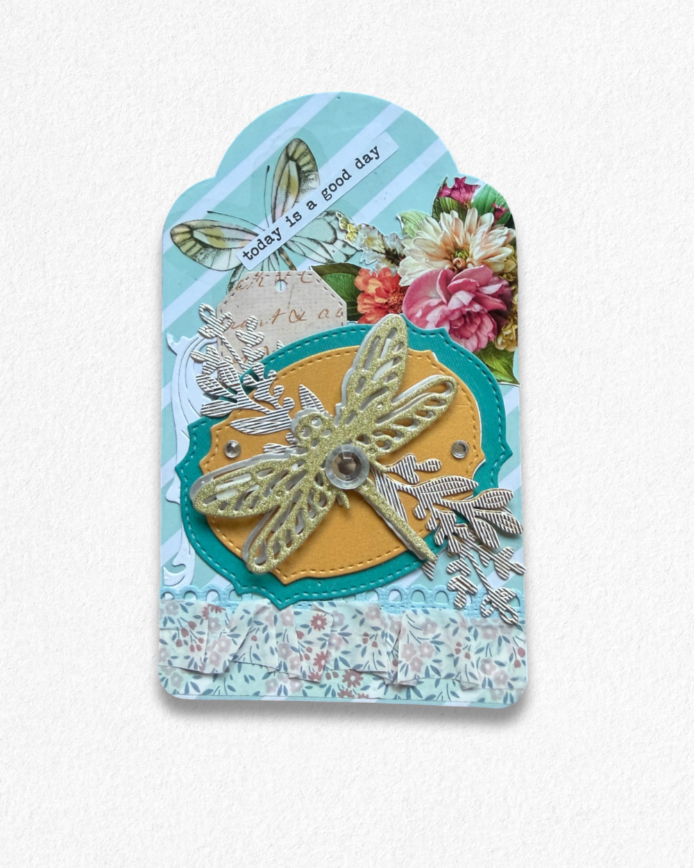 Handmade mini card by Del Cards NZ featuring lovely mixed materials. 
