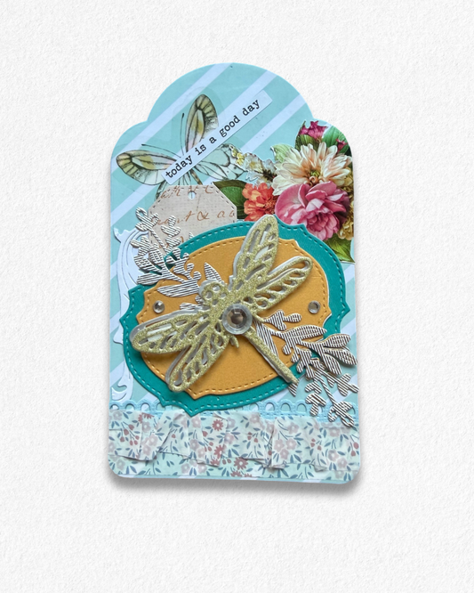 Handmade mini card by Del Cards NZ featuring lovely mixed materials. 