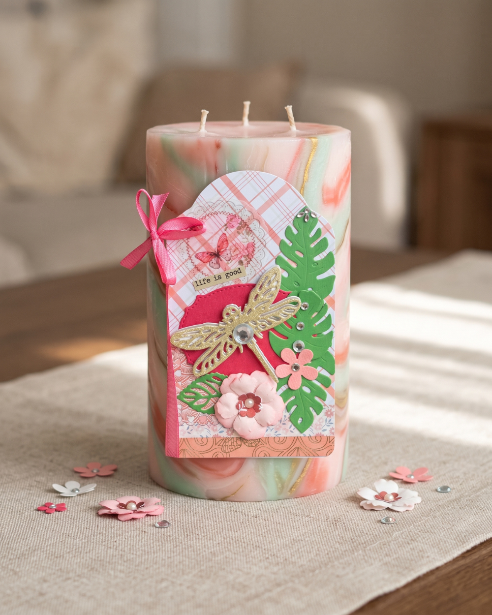 Handmade greeting card for sale, made in New Zealand by Del Cards NZ. The card is attached to a candle.