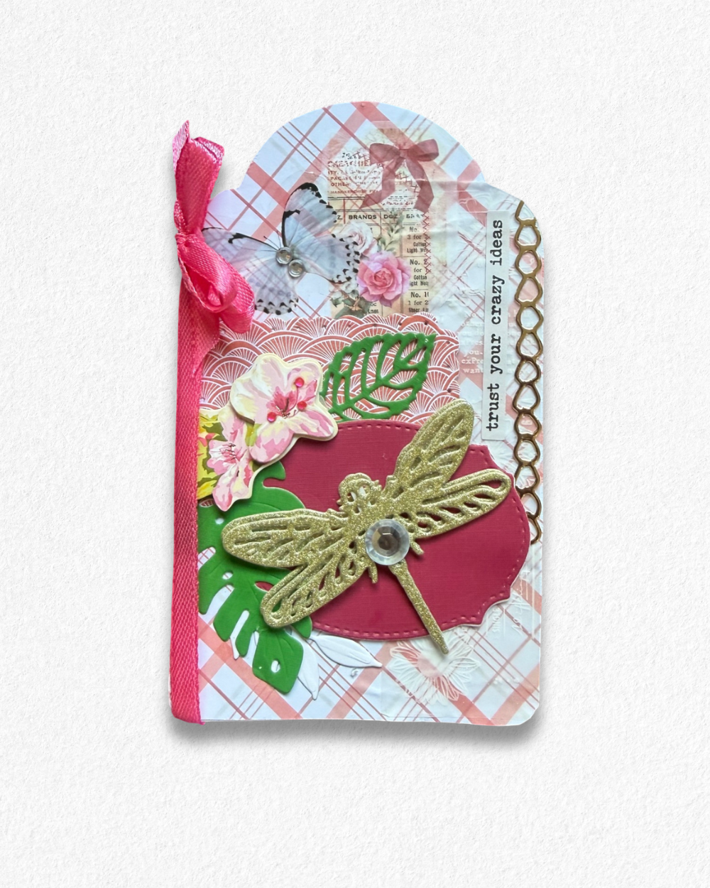 Handmade mini card by Del Cards NZ featuring a die-cut bird with floral details on a mint striped background.