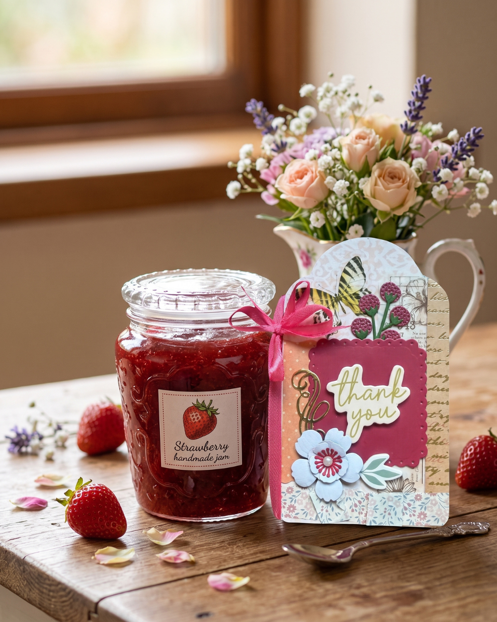A glass jar of strawberry jam sits on a rustic wooden table beside a decorative gift tag that reads 'thank you' with floral and butterfly artwork. A small pitcher of flowers and scattered strawberries are arranged nearby in a warm indoor setting.