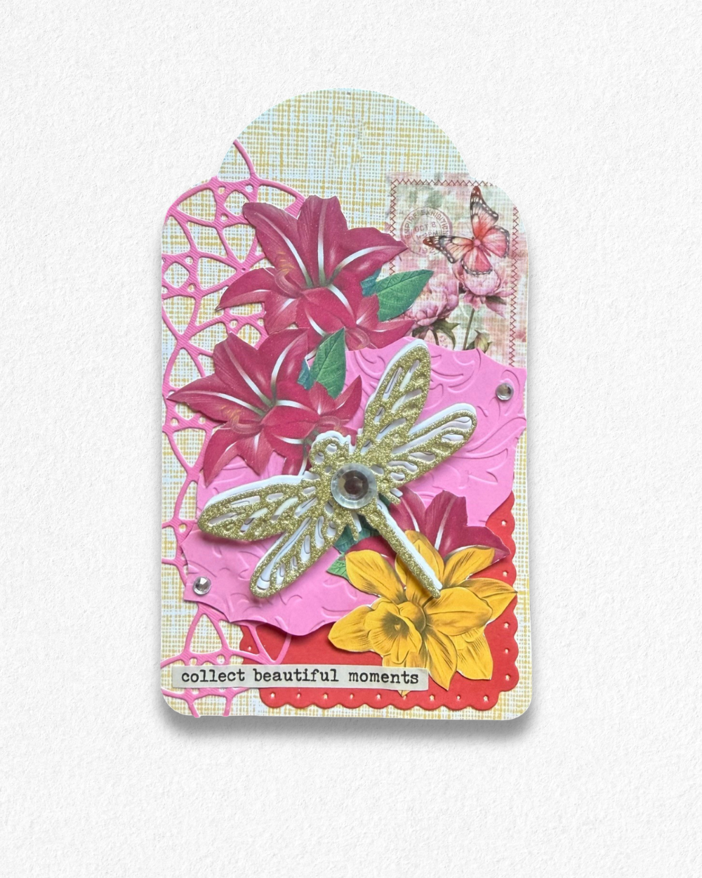 Handmade mini card by Del Cards NZ featuring lovely mixed materials. 
