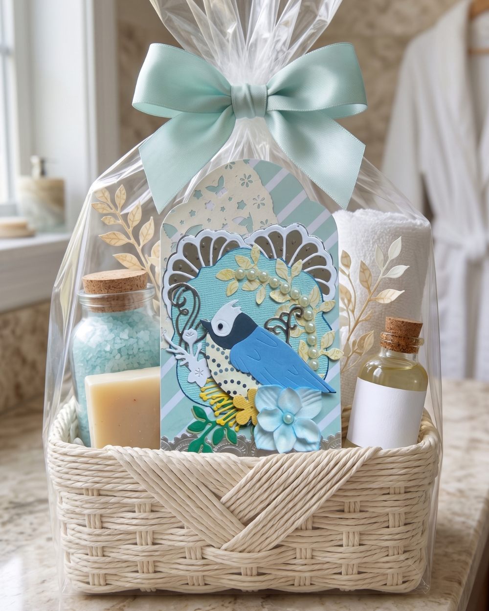 A gift basket set in a woven natural fiber basket, wrapped in clear cellophane with a large mint green bow. The set includes a bluebird-themed decorative tag, a bar of soap in a glass jar, a small bottle of oil, and a rolled white towel, arranged on a kitchen counter.