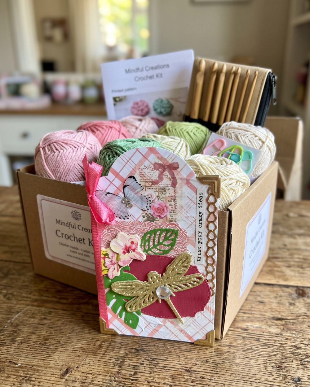 Handmade gift card attached to a crochet kit as a gift. Handmade card made by Del Cards NZ.