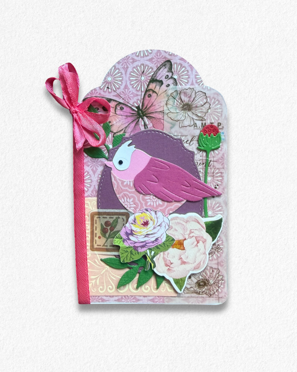Handmade mini card by Del Cards NZ featuring lovely mixed materials. 
